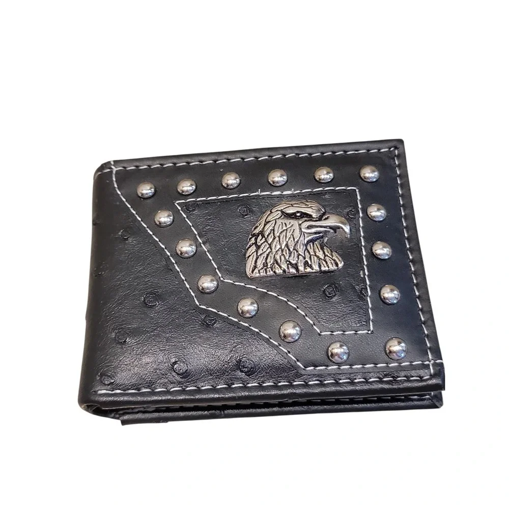 RIDGE MOUNTAIN VEGAN LEATHER HANDCRAFTED STUDDED EAGLE BIFOLD MEN'S WALLET Black